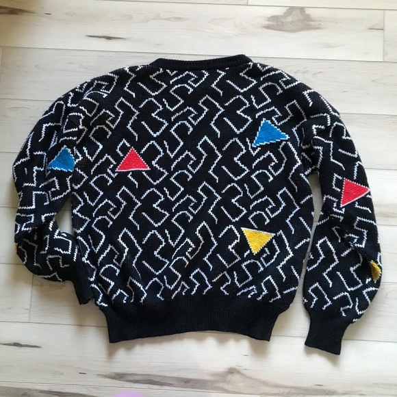 🎃VINTAGE | Geometric Patterned Black Colorful Funky Cosby Sweater Large - Picture 5 of 5